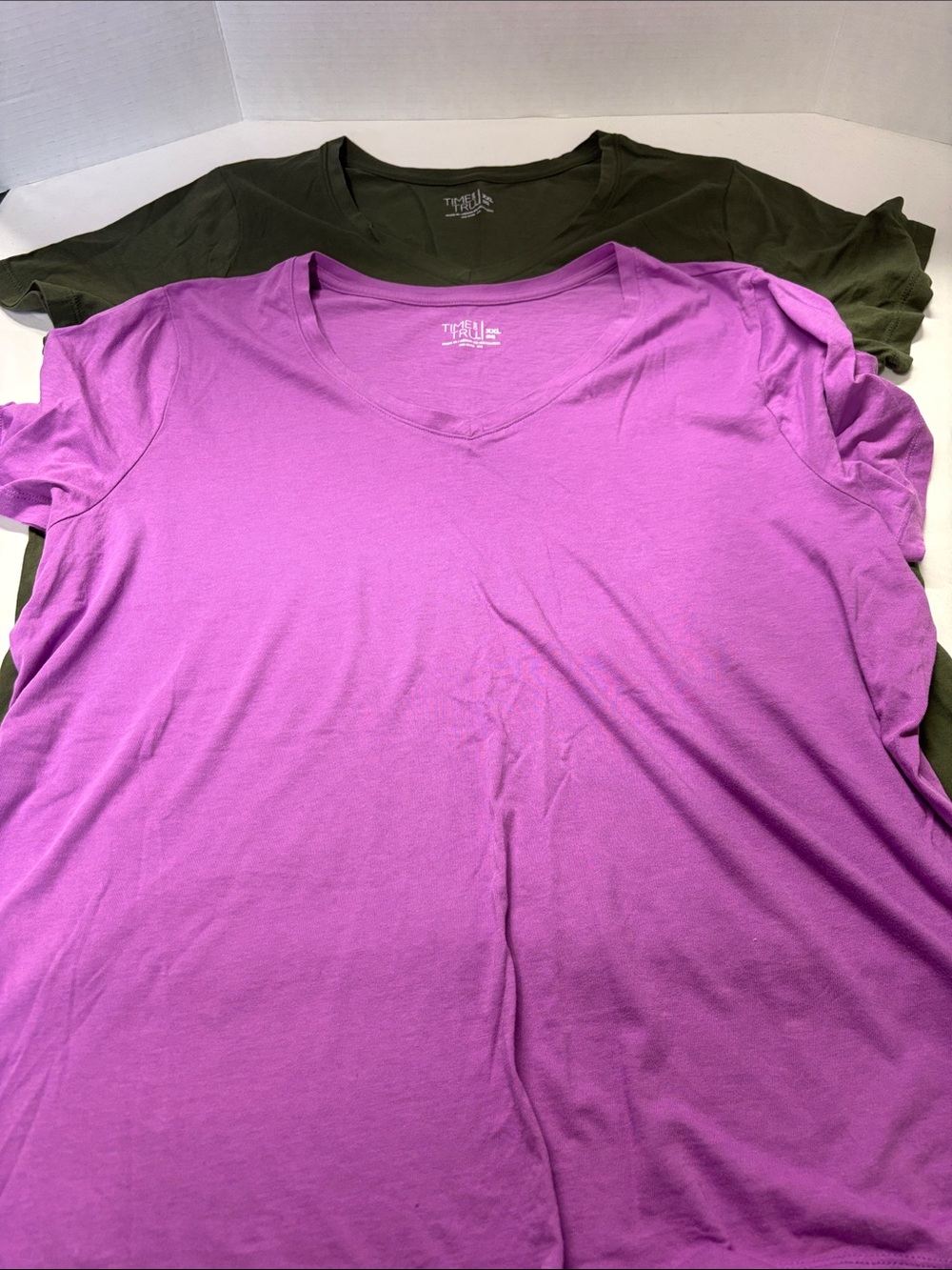 Lot of 2. Time and Tru Short Sleeve V-Neck Tees in Orchid and Olive
